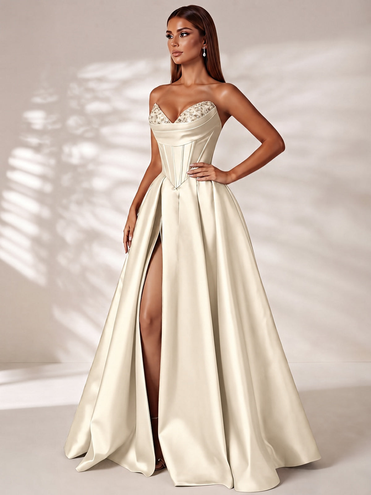 Strapless Corset Satin Prom Dress Long Evening Gown with High Slit