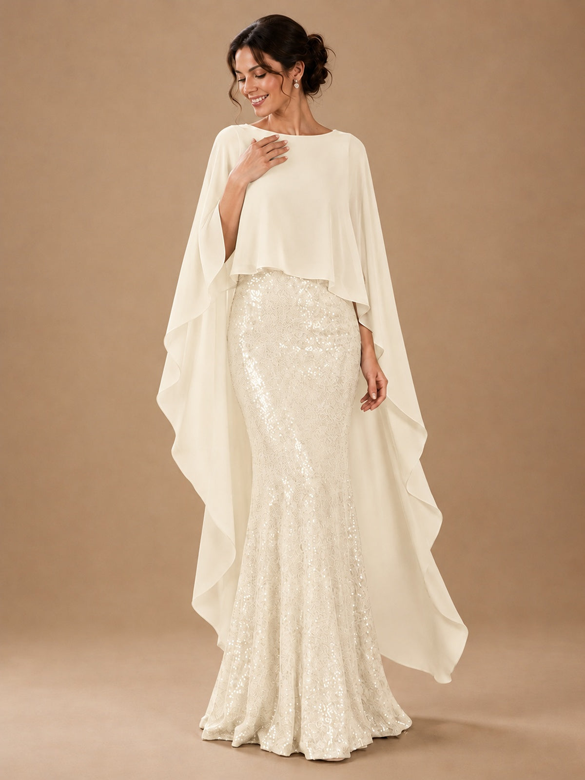 Sequin 2 Pieces Mother of the Bride Dress with Cap Sleeves Chiffon Formal Gowns