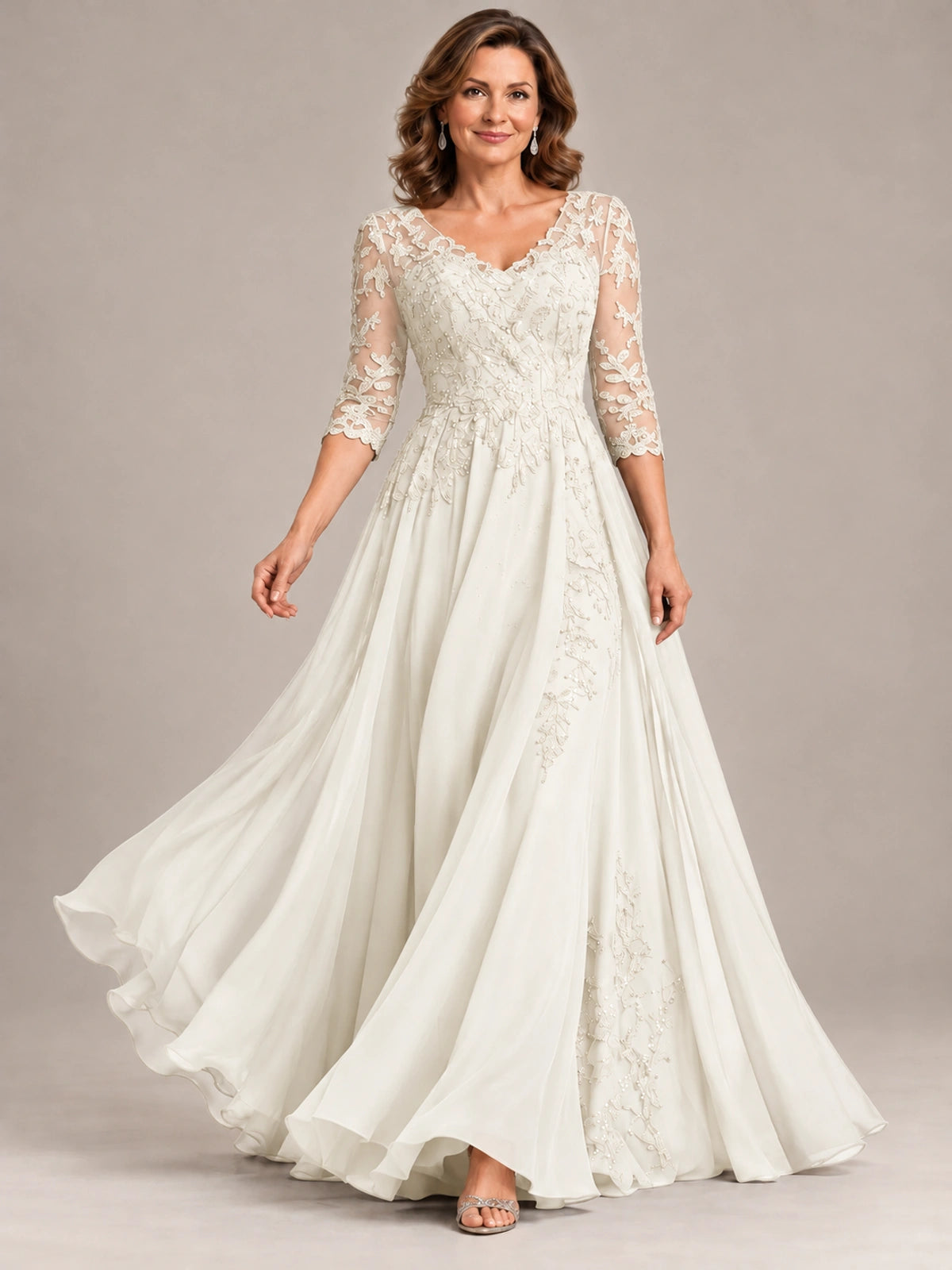 Sequin Lace A-Line Mother of the Bride Dress with 3/4 Sleeves