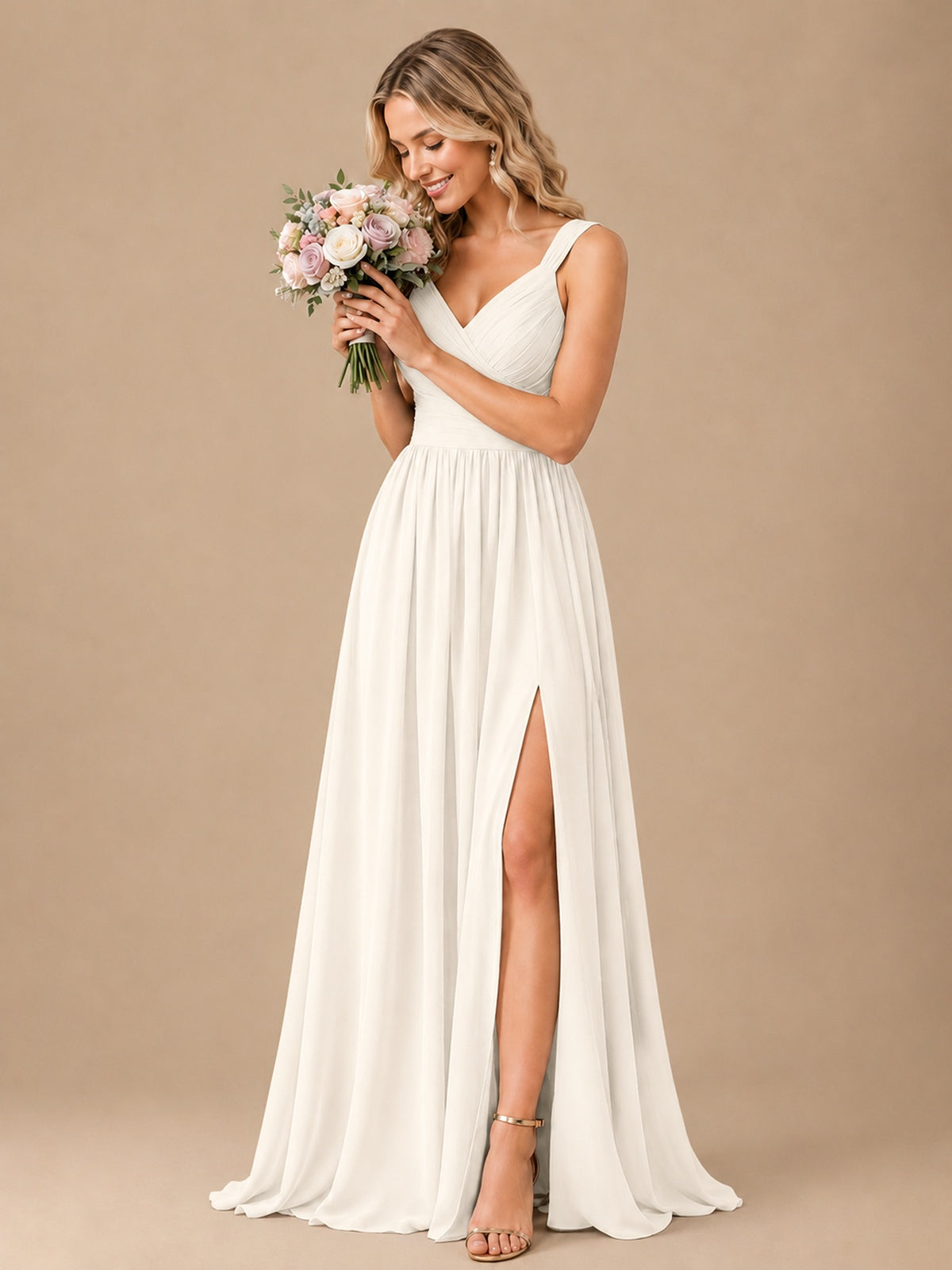 Pleated Chiffon V Neck Wedding Bridesmaid Dresses Floor Length with Slit