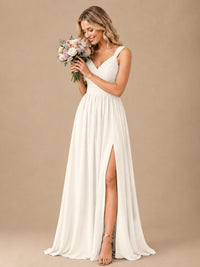 Pleated Chiffon V Neck Wedding Bridesmaid Dresses Floor Length with Slit