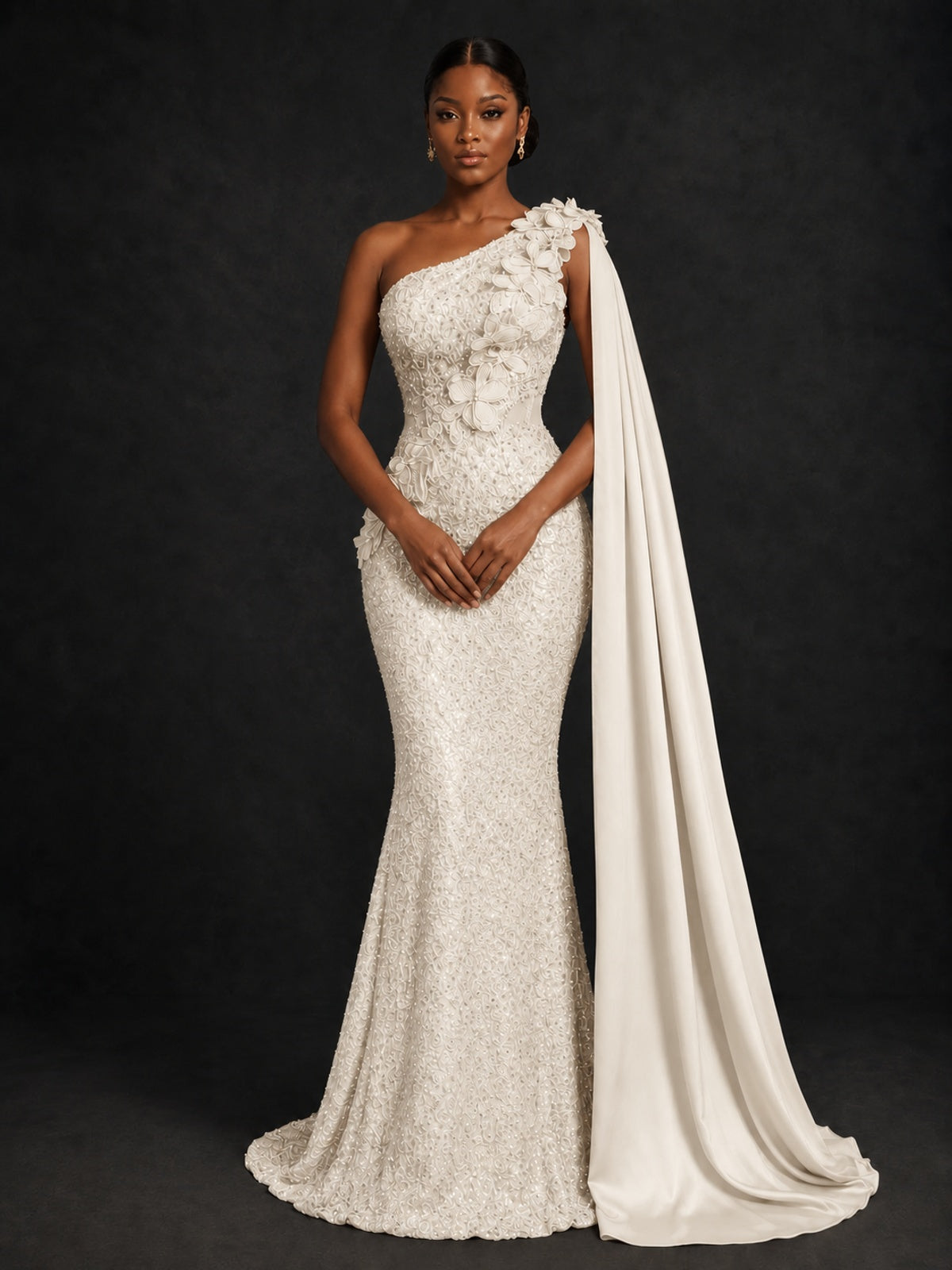 Gold Sequin One Shoulder Mermaid Prom Dress with Cape