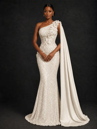 Gold Sequin One Shoulder Mermaid Prom Dress with Cape