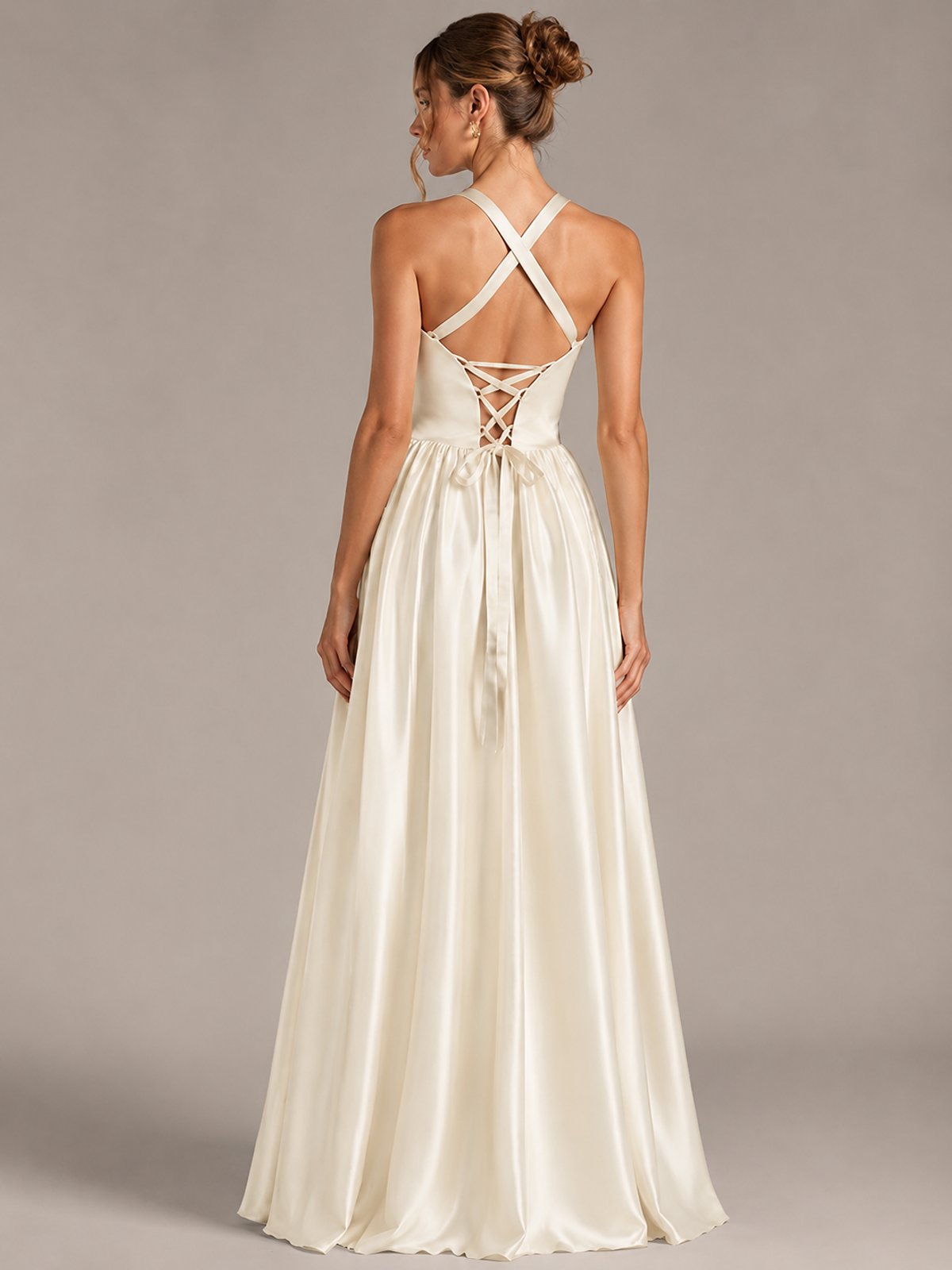 Light Yellow Halter Neck Satin A-Line Maxi Dress with Pockets