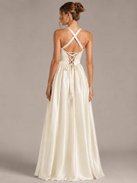 Light Yellow Halter Neck Satin A-Line Maxi Dress with Pockets