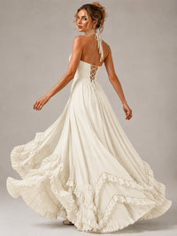 Halter V Neck Chiffon Formal Dress with Lace-Up Back and Ruffle Hem
