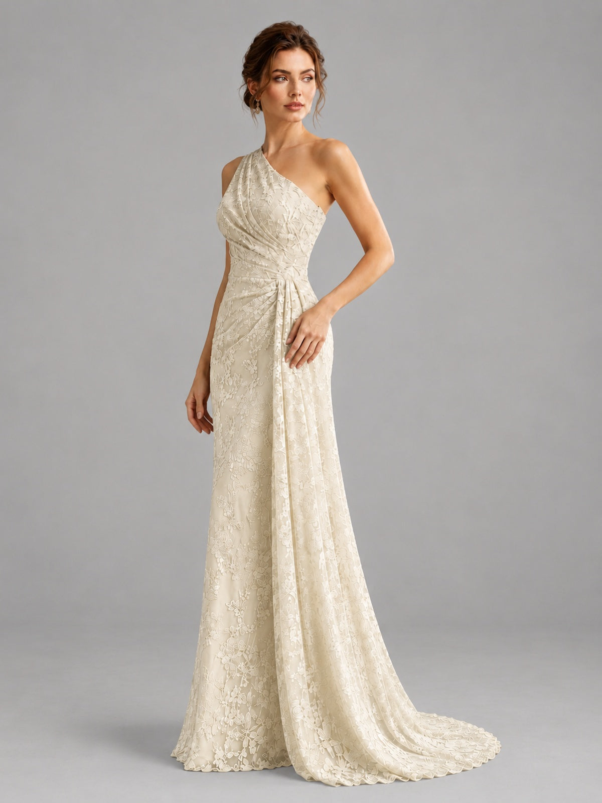 One-Shoulder Ruched Floral Lace Floor-Length Prom Dress