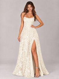Floral Lace A-Line Prom Dress with Spaghetti Straps & High Slit