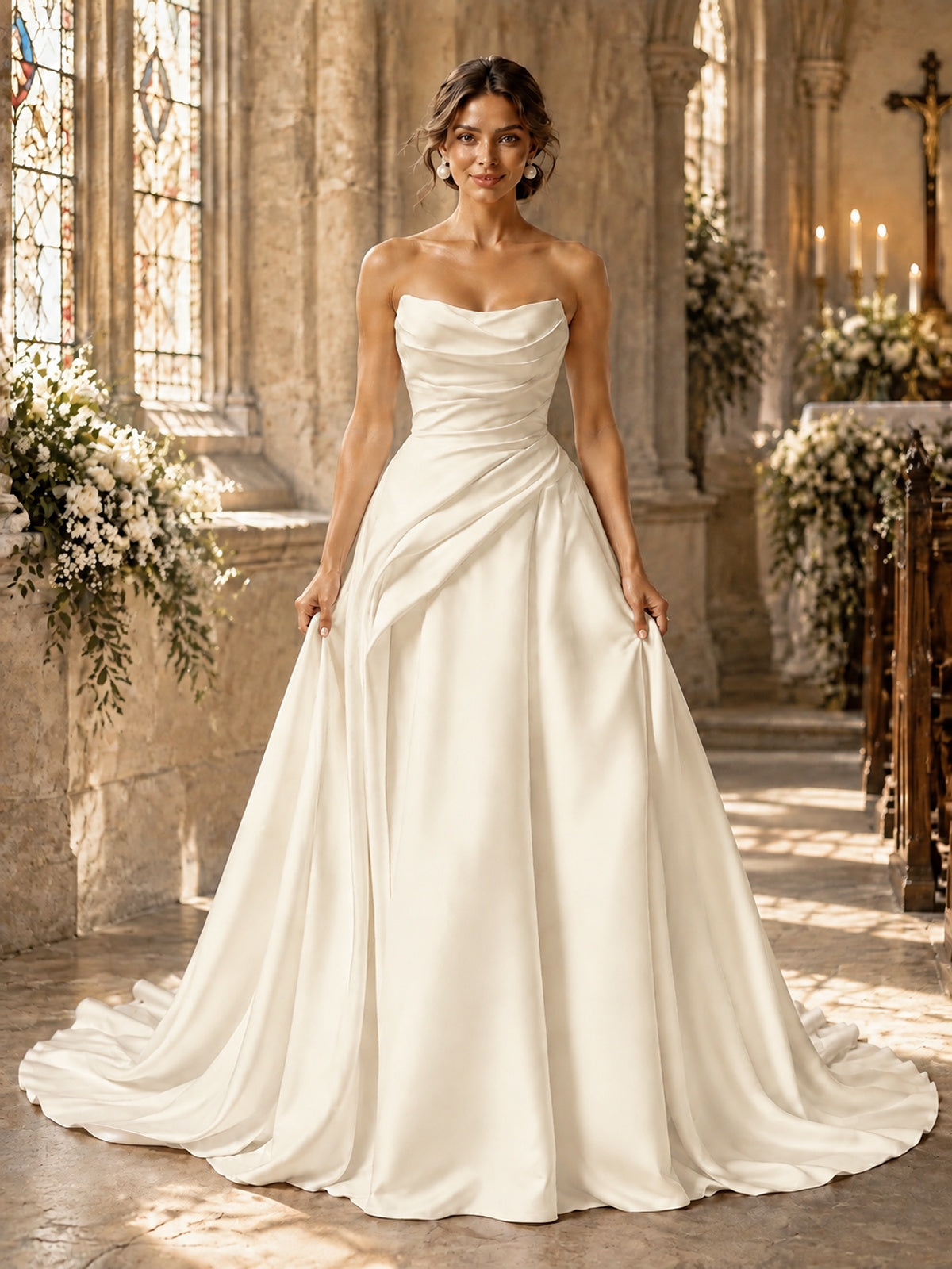 Split Pleated Satin Wedding Dress Strapless Bridal Wedding Gowns with Lace-Up Back
