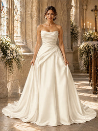 Split Pleated Satin Wedding Dress Strapless Bridal Wedding Gowns with Lace-Up Back