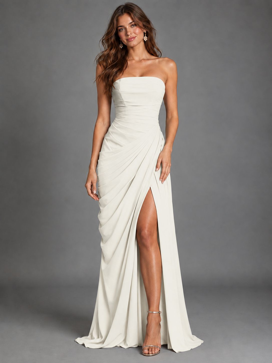 Strapless Bodycon Pleated Chiffon Formal Dress with Slit