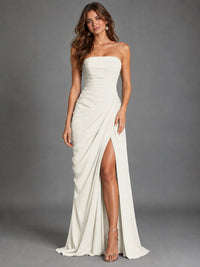 Strapless Bodycon Pleated Chiffon Formal Dress with Slit