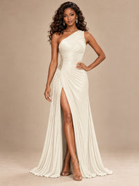 Burgundy One Shoulder Ruched Prom Dress with High Slit & Beaded Waist