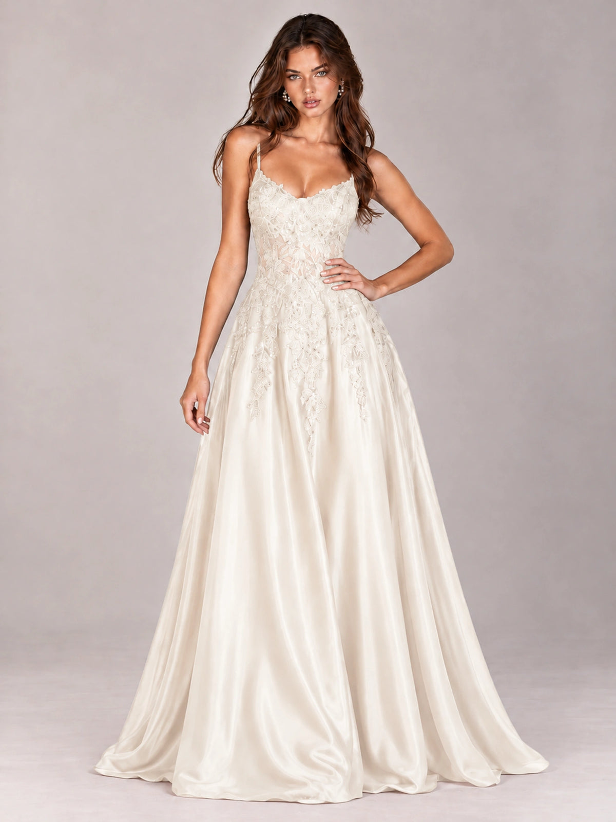 Lace Applique Satin A-Line Prom Dress with Sheer Bodice