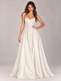 Lace Applique Satin A-Line Prom Dress with Sheer Bodice