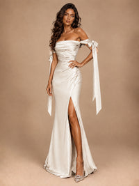 Off The Shuolder Satin Prom Dress Slit Mermaid Formal Gowns
