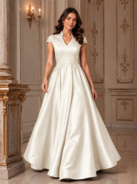 Lace Appliqué A-Line Satin Maxi Dress
