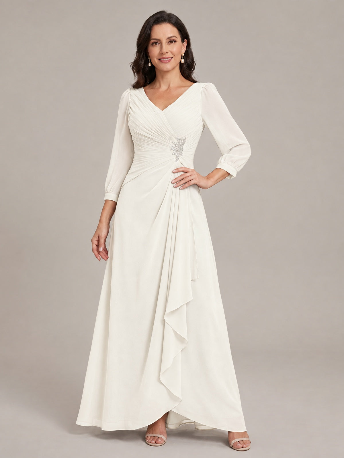 V-Neck Pleated Chiffon Mother of the Bride Dress with Flutter Sleeves