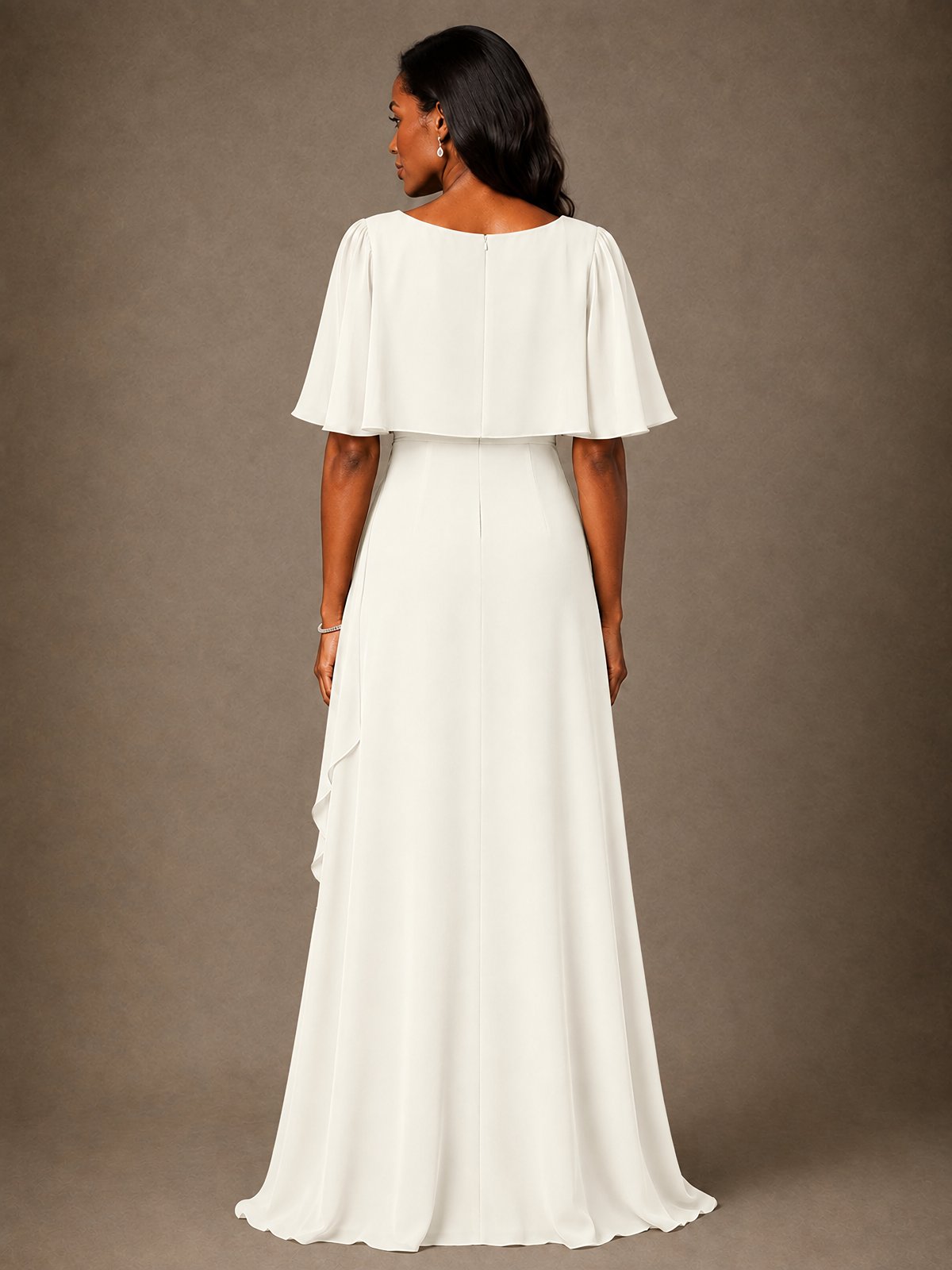 Taupe Chiffon A-Line Mother of the Bride Dress with Cape Sleeves