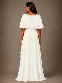 Taupe Chiffon A-Line Mother of the Bride Dress with Cape Sleeves