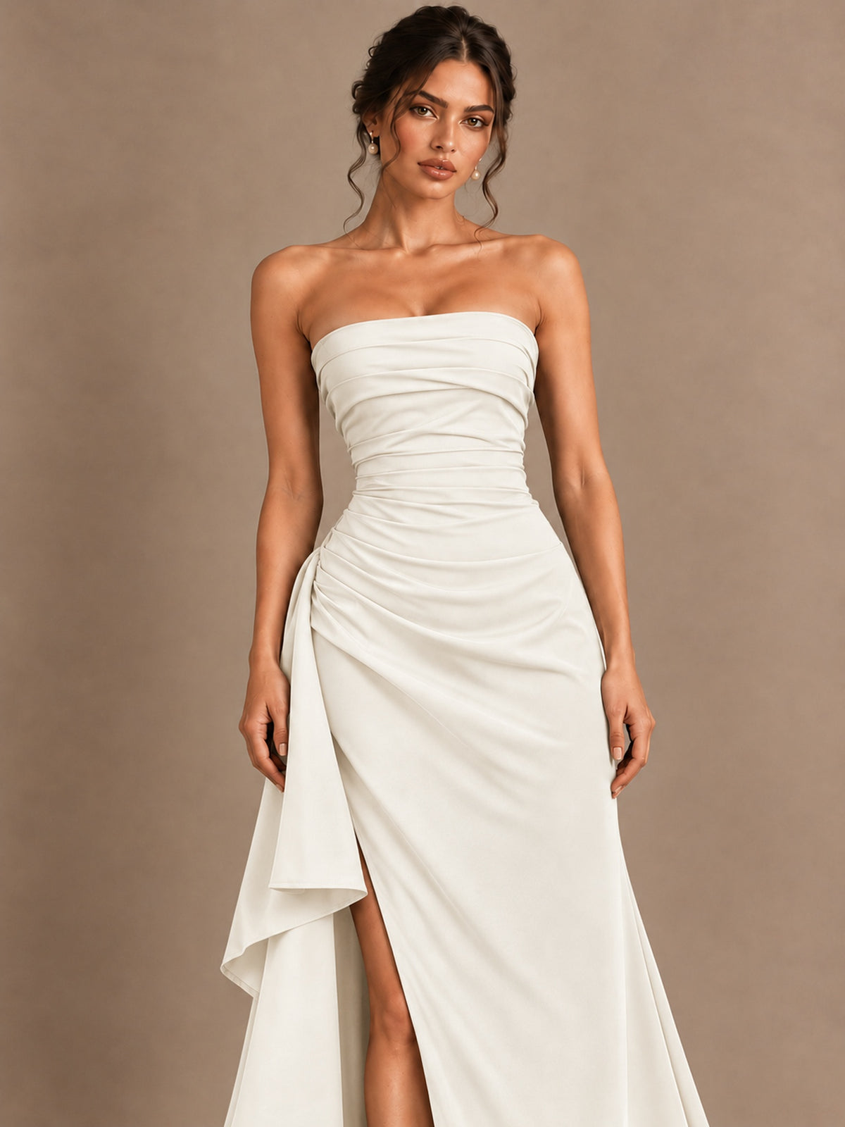 Black and White Strapless Ruched Prom Dress with High Slit & Side Drape