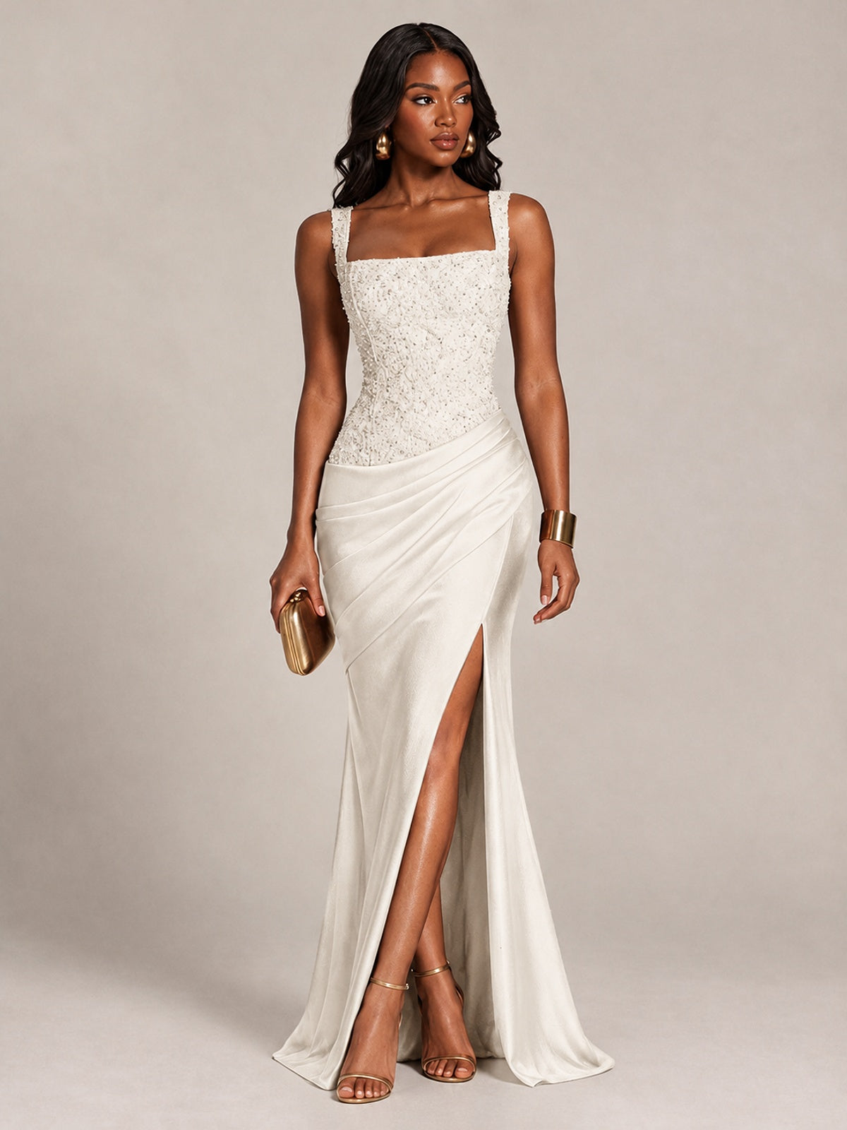 Scoop Neck Sequin Prom Dress with High Slit Satin Formal Gowns