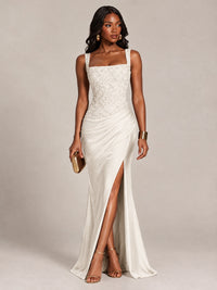 Scoop Neck Sequin Prom Dress with High Slit Satin Formal Gowns