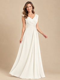 V Neck Pleated Mother of The Bride Dresses with Beading Cap Sleeves