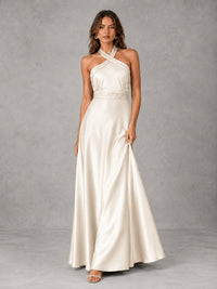 Sage Green Satin A-Line Bridesmaid Dress with Halter Neck