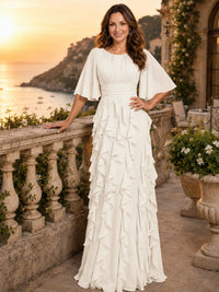 Elegant Chiffon Mother of the Bride Dress with Flutter Sleeves and Ruffle Skirt