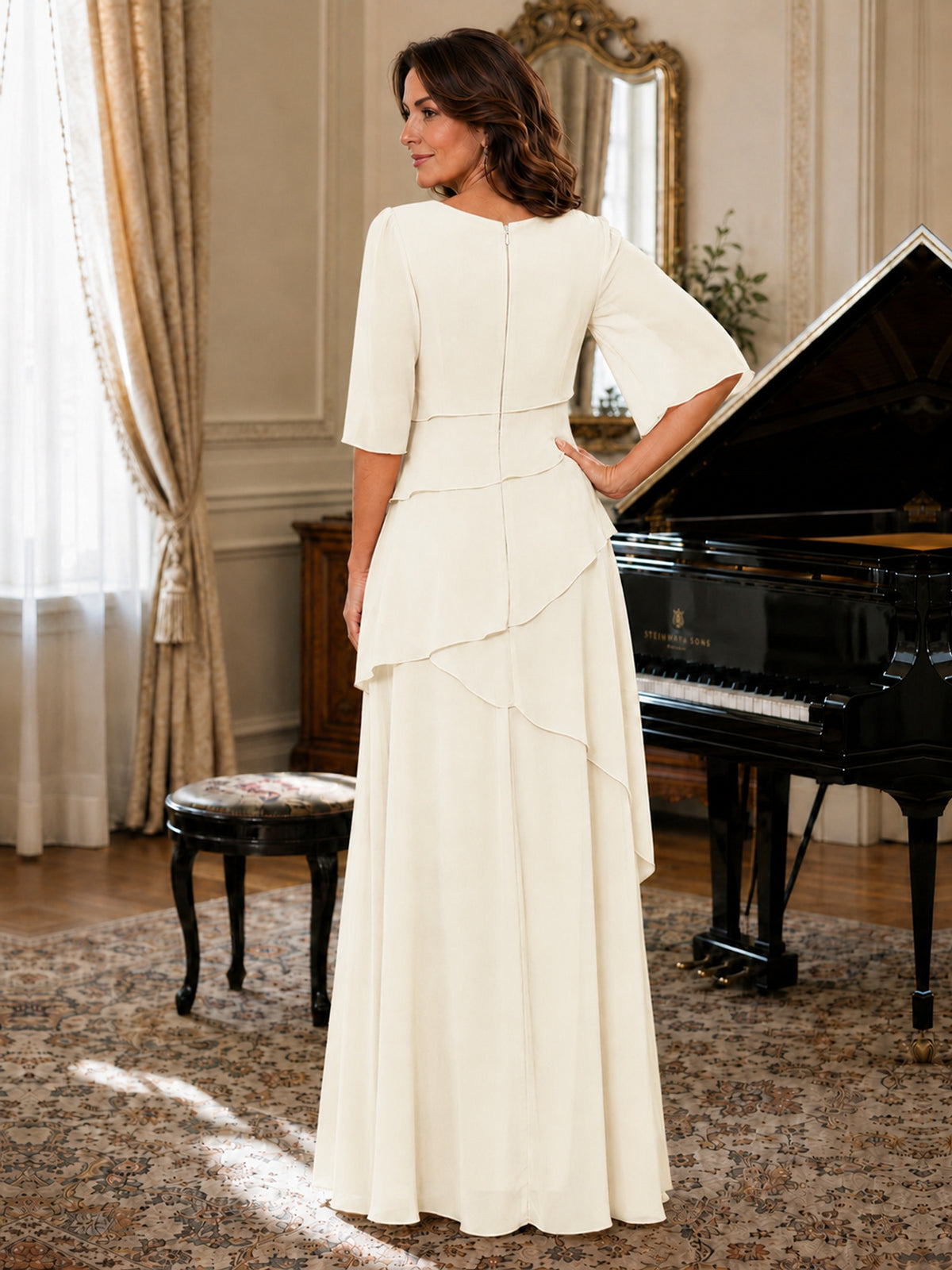 Asymmetric Draped Chiffon Mother of the Bride Dress with Flutter Sleeves