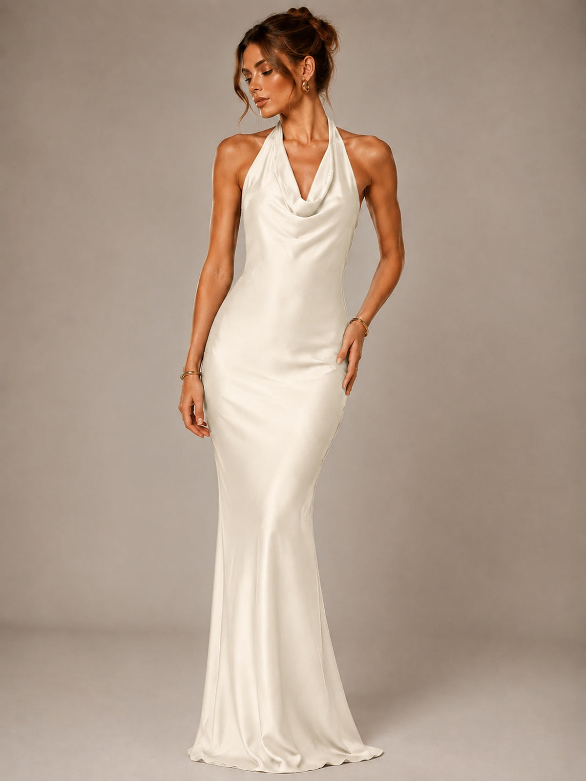 Olive Green Halter Satin Mermaid Maxi Dress
