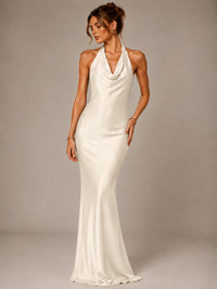 Olive Green Halter Satin Mermaid Maxi Dress