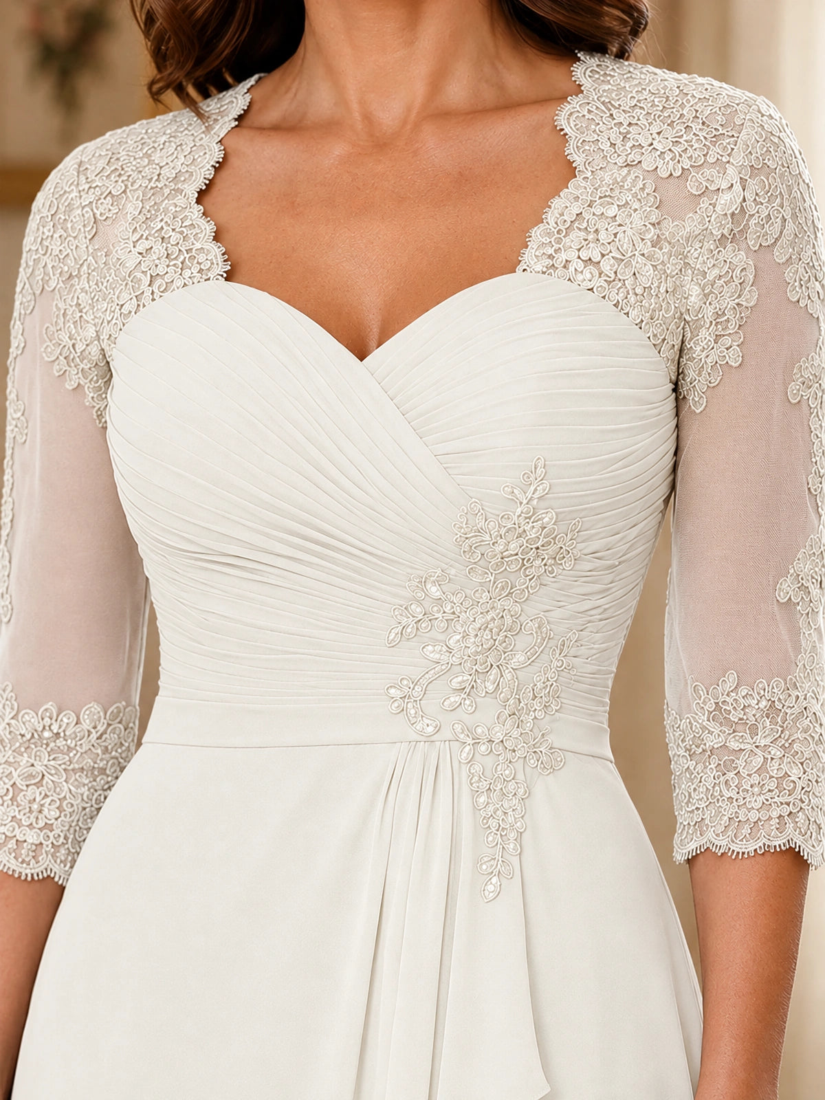 Chiffon Lace Applique Mother of the Bride Dress with 3/4 Sleeves