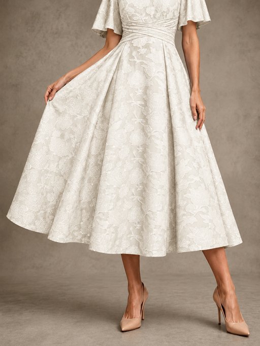 V-Neck Floral Jacquard Tea-Length Mother of the Bride Dress