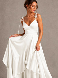 Lavender Satin V-Neck Ruffle Maxi Dress