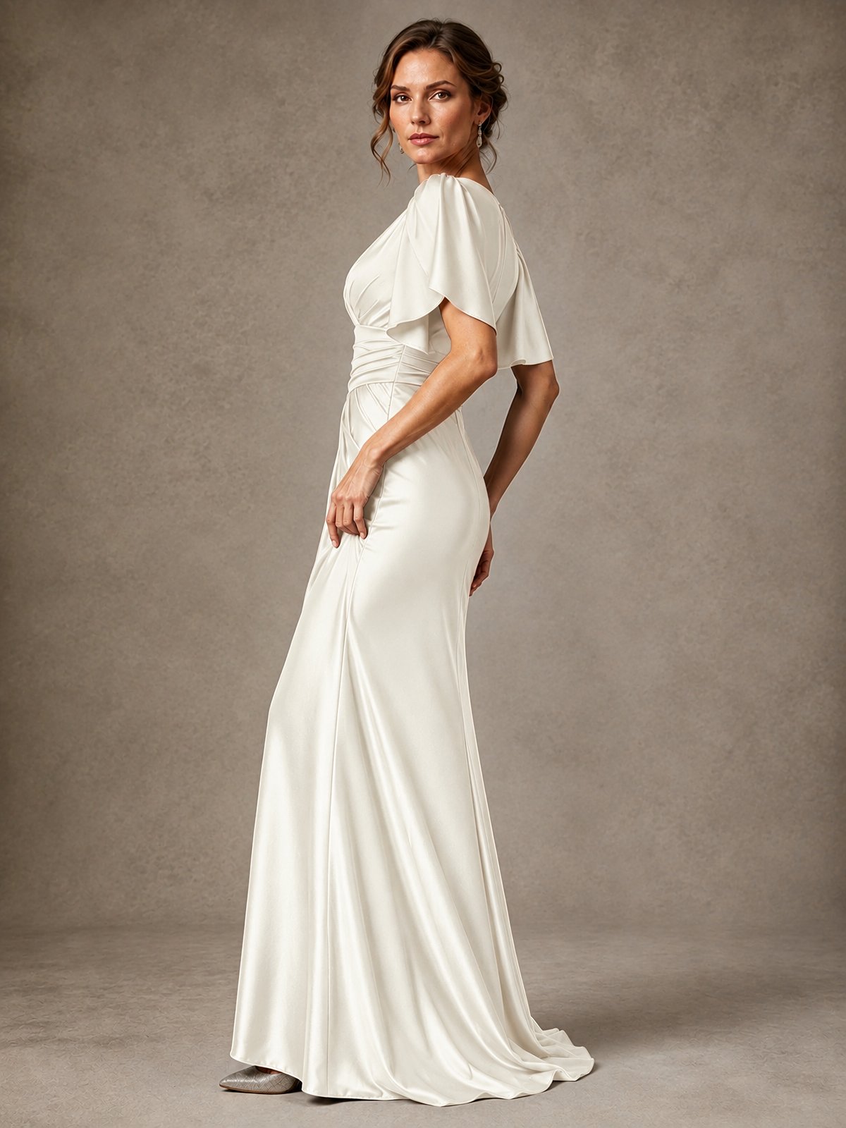 V-Neck Satin Mother of the Bride Dress with Flutter Sleeves