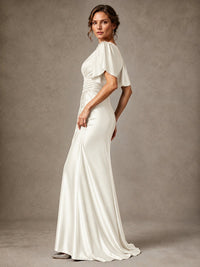 V-Neck Satin Mother of the Bride Dress with Flutter Sleeves