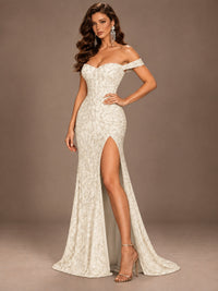 Off the Shoulder Corset Sequin Mermaid Prom Dress with Slit