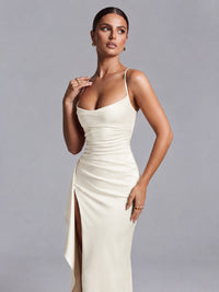 Square Neck Satin Long Prom Dress with Ruffles