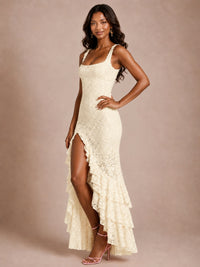 Square-Neck Lace Ruffle High-Low Maxi Dress