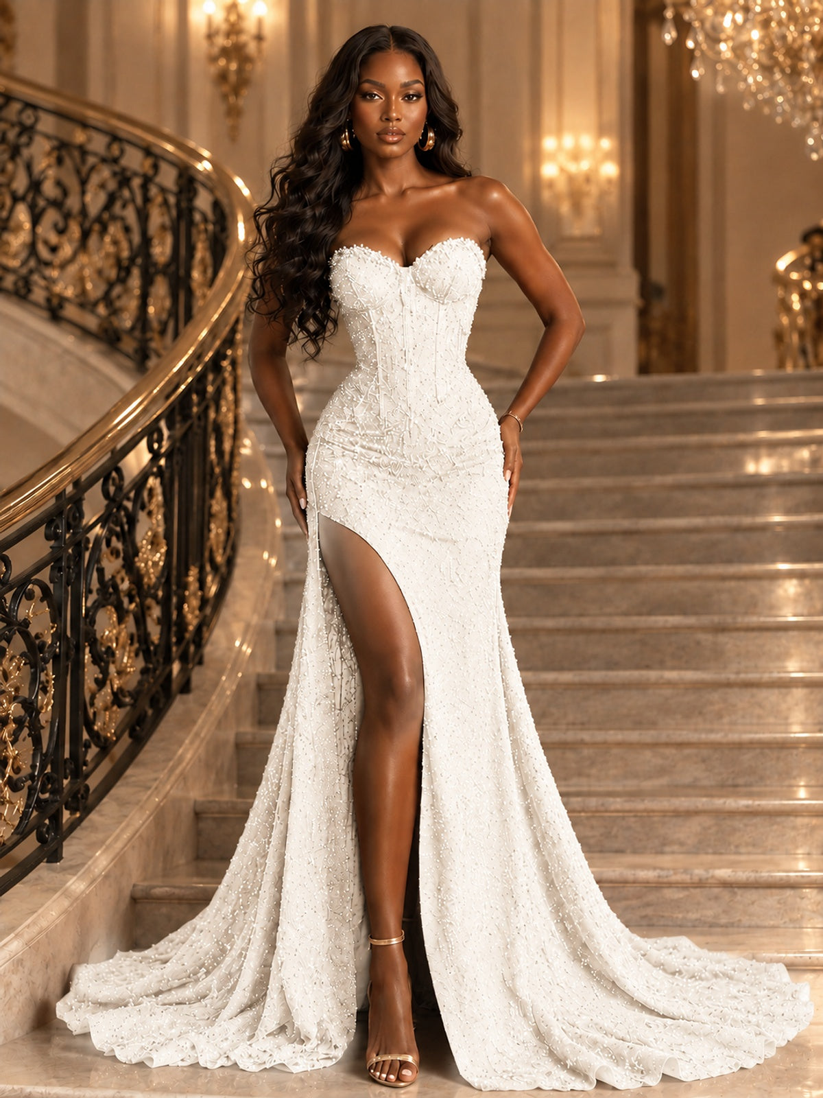 Beaded Sequin Prom Dress Strapless Formal Gowns with High Slit Train