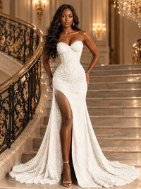 Beaded Sequin Prom Dress Strapless Formal Gowns with High Slit Train