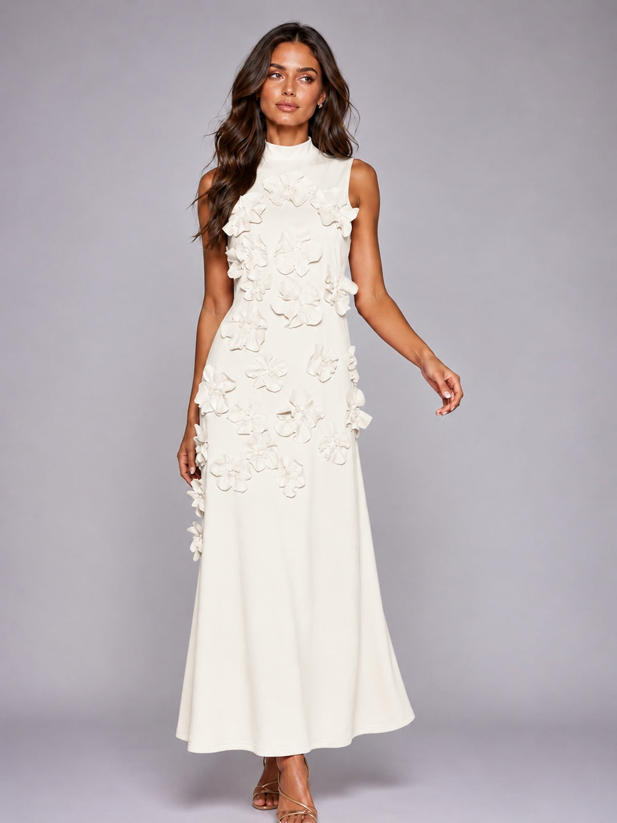 3D Floral Applique High Neck Prom Maxi Dress