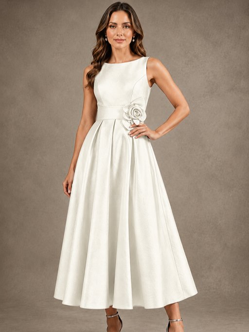 Tea-Length Satin Mother of the Bride Dress with 3D Flower Detail