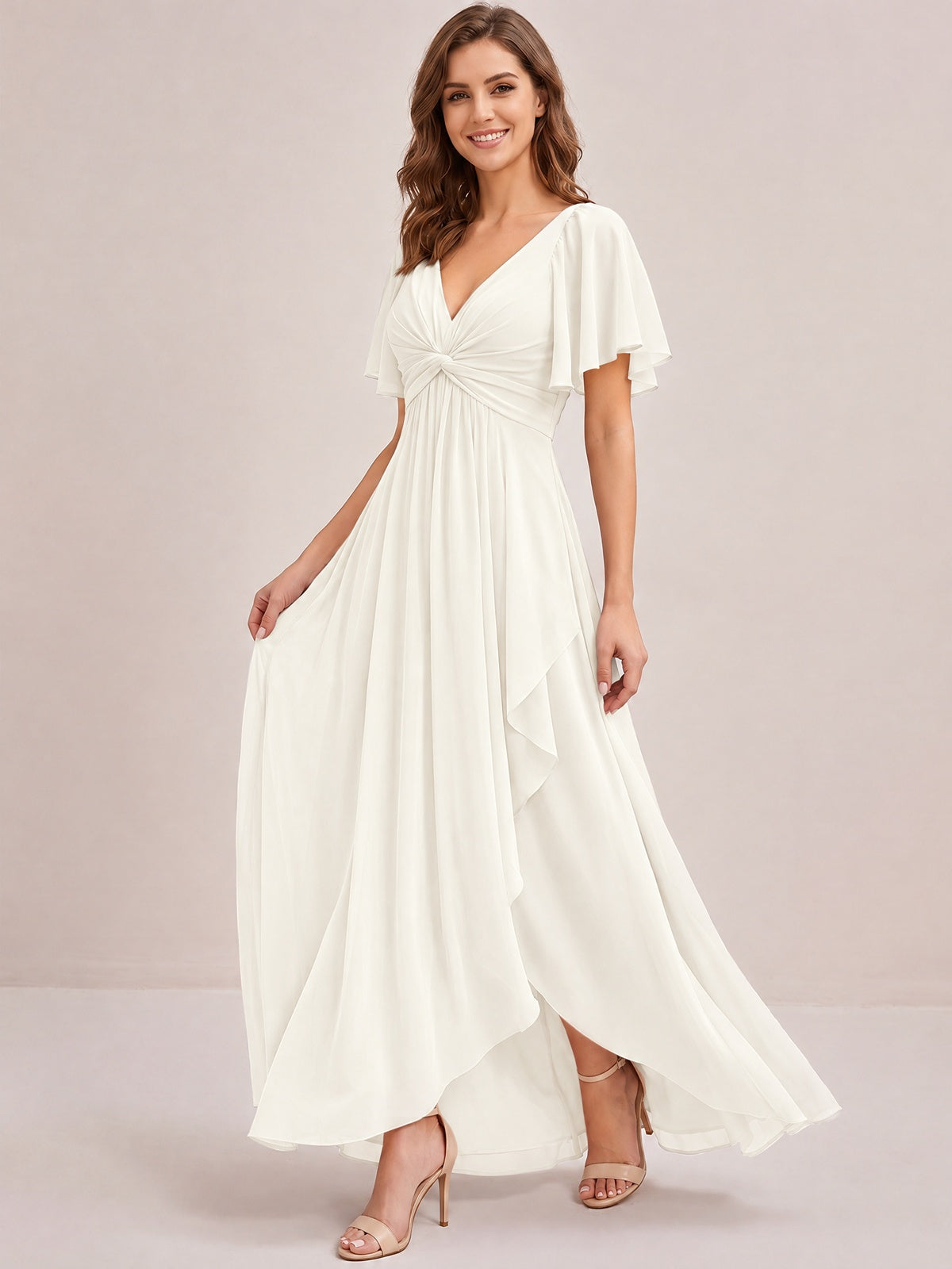 Dusty Blue Chiffon Bridesmaid Dress with Flutter Sleeves & High-Low Hem