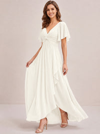 Dusty Blue Chiffon Bridesmaid Dress with Flutter Sleeves & High-Low Hem