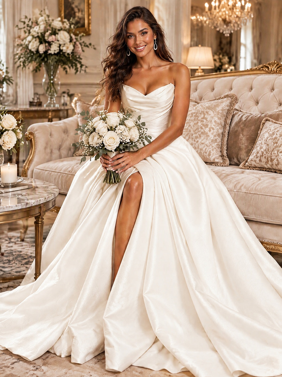White Satin Wedding Dress with Slit Casual Bridal Formal Gowns