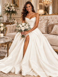White Satin Wedding Dress with Slit Casual Bridal Formal Gowns