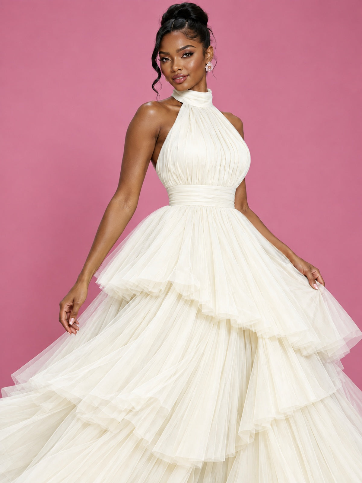 Hot Pink Tulle Halter Neck Tiered Ruffle Maxi Dress